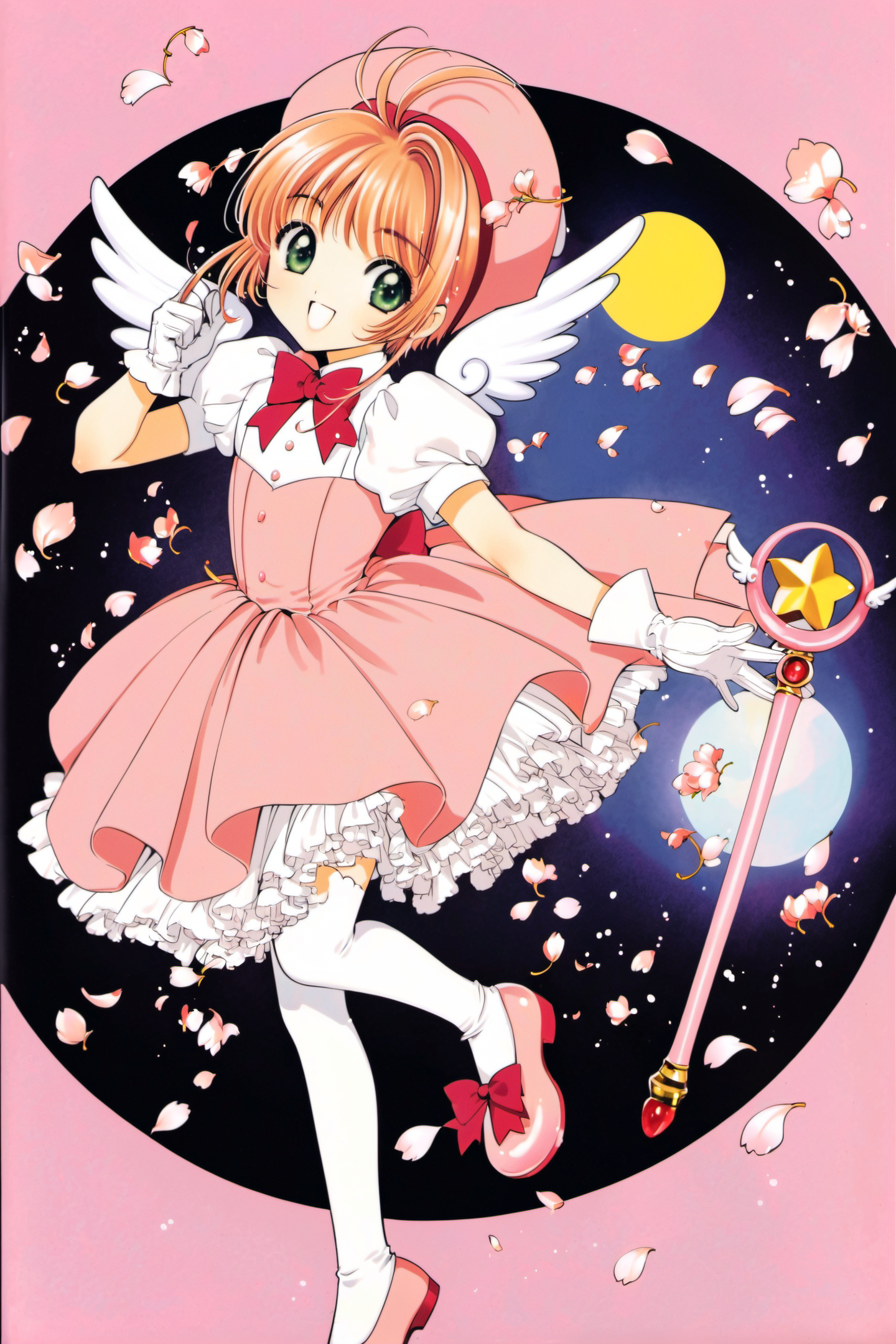24826-2339364099-1girl,kinomoto sakura,dress,pink headwear,hat,holding,gloves,open mouth,smile,green eyes,brown hair,short sleeves,magical girl,p.png